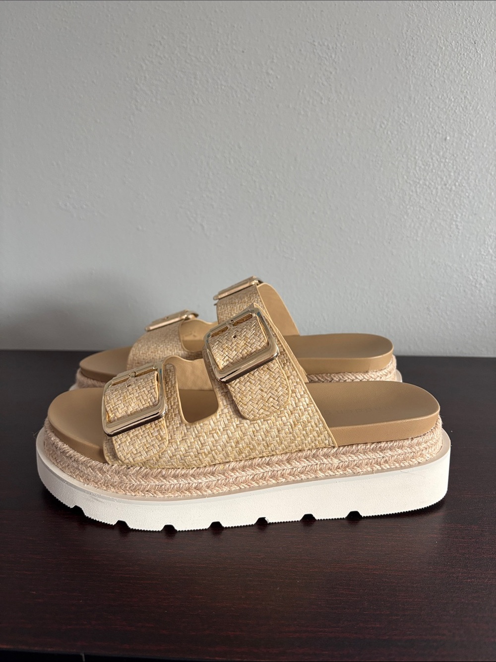 Madden Girl Natural Beige Woven Double-Buckle Platform Mules - Picture 2 of 12